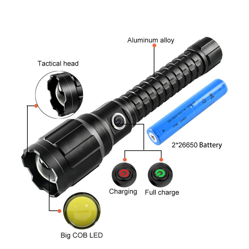 Super Bright Linterna 2*26650 5000mAh USB Rechargeable Big COB LED Spotlight Tactical Flashlights High Lumens 100000