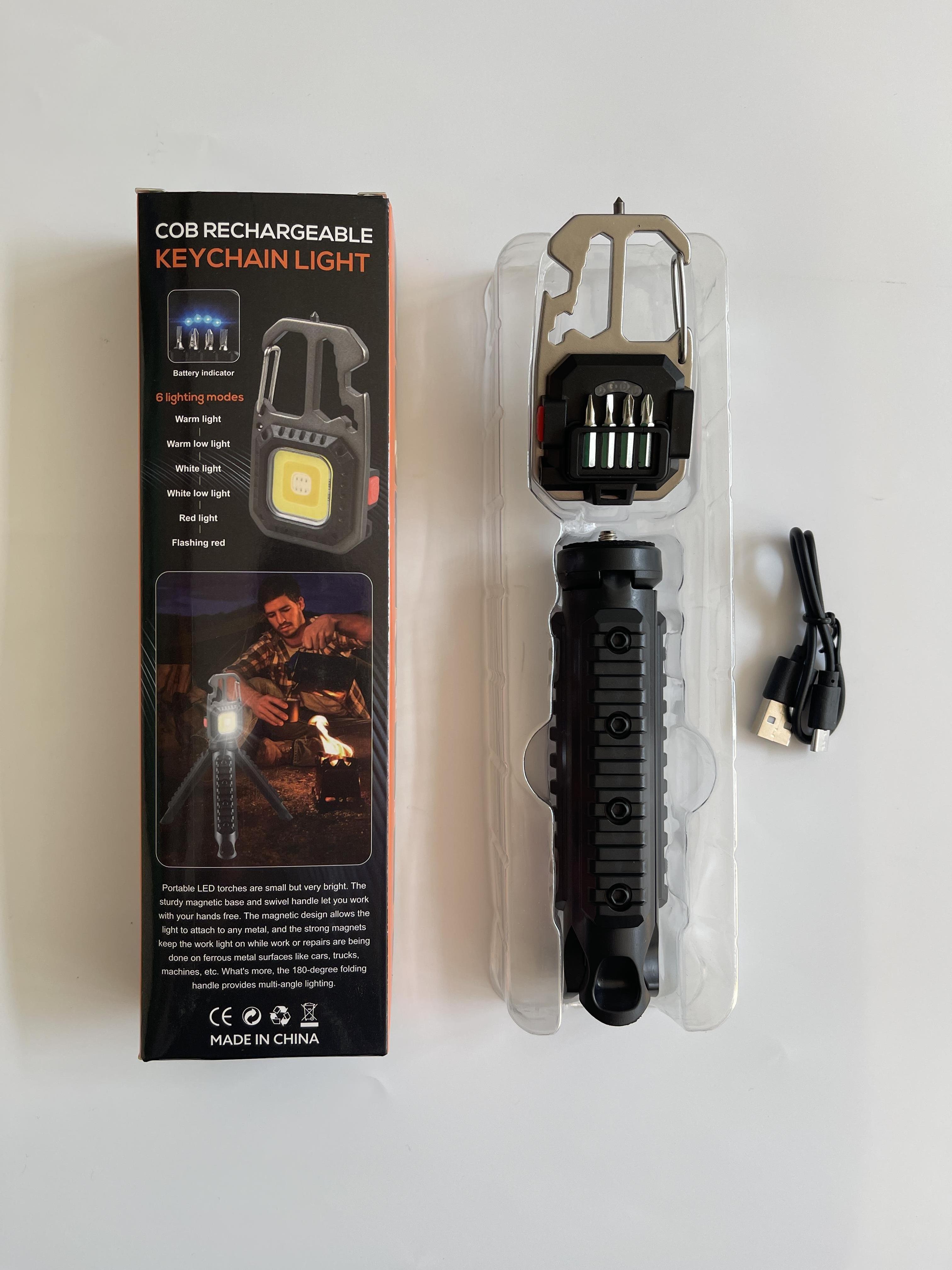 Portable LED Keychain Lights COB Rechargeable Flashlight Outdoor Multi Tools 7 In 1 Keychain Flashlight Mini