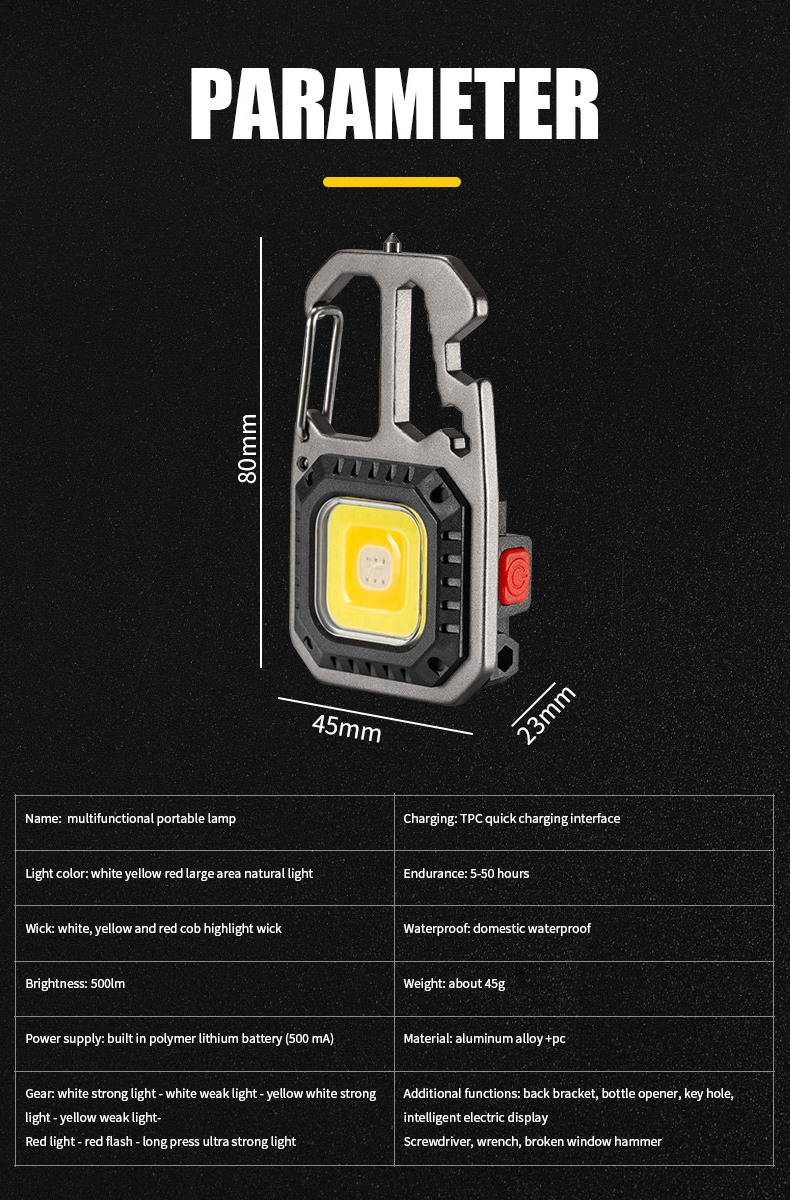 Portable LED Keychain Lights COB Rechargeable Flashlight Outdoor Multi Tools 7 In 1 Keychain Flashlight Mini