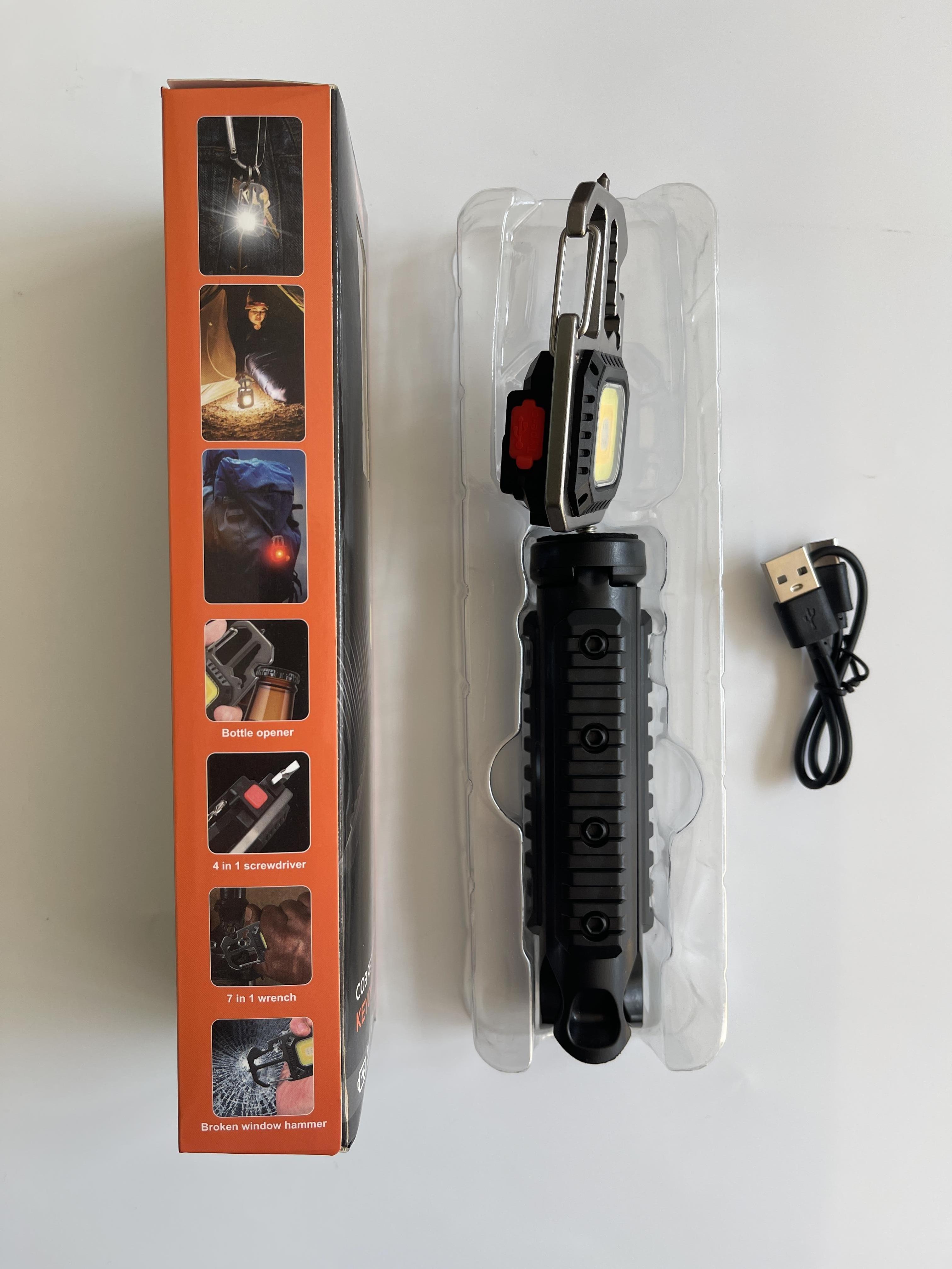 Portable LED Keychain Lights COB Rechargeable Flashlight Outdoor Multi Tools 7 In 1 Keychain Flashlight Mini