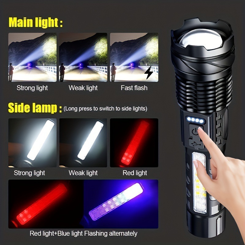 High Power High Lumens Waterproof Rechargeable XHP50 Red Blue LED Warning Flash Light Traffic Signal LED Flashlight