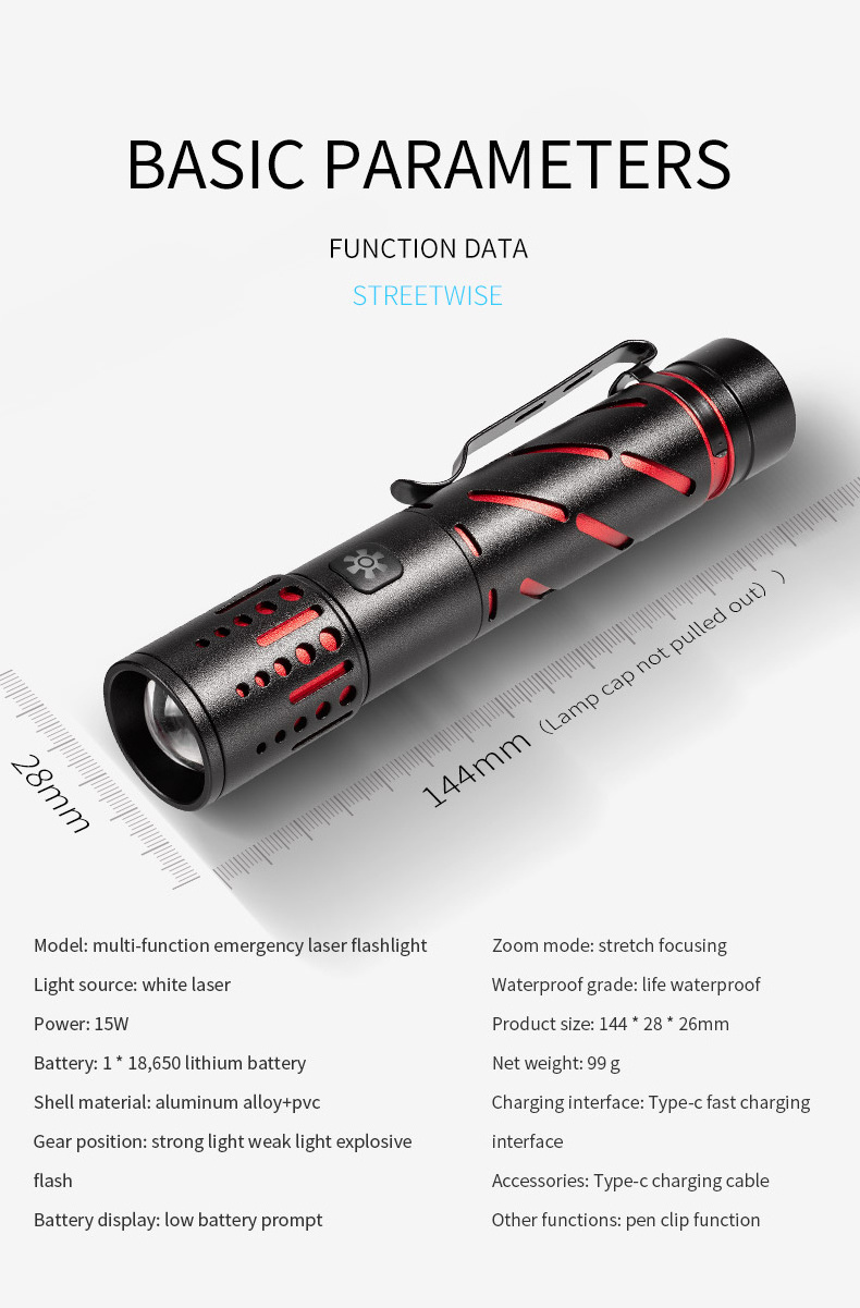 Long Distance Most Powerful 15W Pen Clip Flashlight White LED Zoom Laser Torch Flash Light