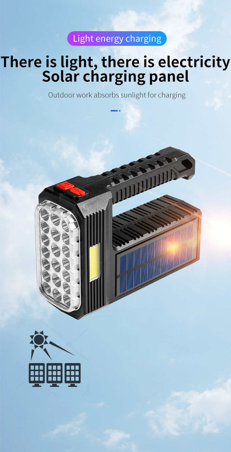 Outdoor Camping Searching Hunting Fishing COB 18 LED Rechargeable Flashlight Solar Panel Flash Lights