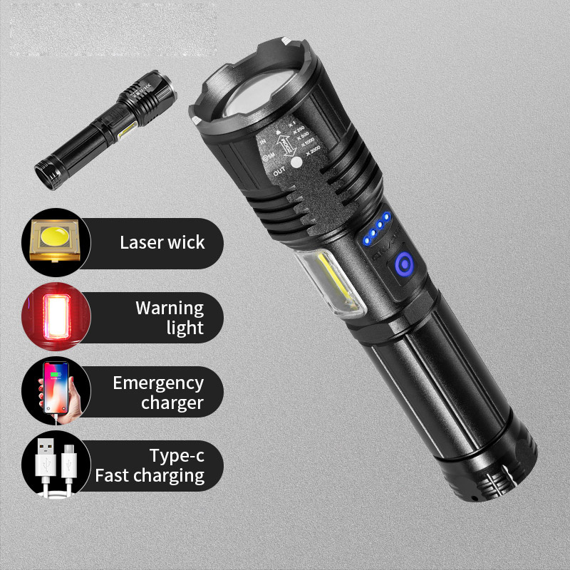 Most Powerful 15W Zoomable Emergency Warning Flash Light COB LED Torch Flashlight with White Laser Lamp