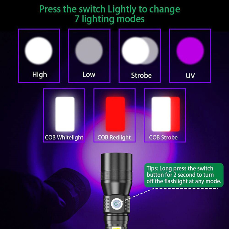 3 In 1 White Red Purple Light Multifunction Strong Magnet Rechargeable Battery 18650 365NM UV Flashlight for Money Jade Detect