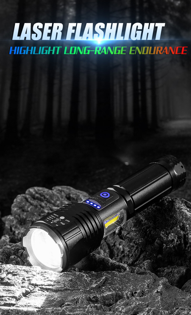 Most Powerful 15W Zoomable Emergency Warning Flash Light COB LED Torch Flashlight with White Laser Lamp