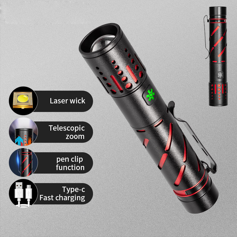 Long Distance Most Powerful 15W Pen Clip Flashlight White LED Zoom Laser Torch Flash Light