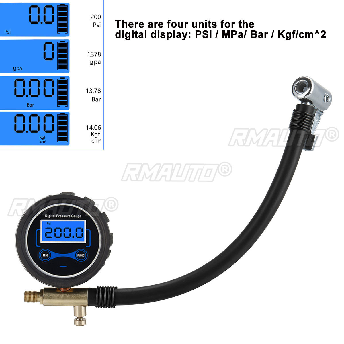 200PSI Multi-function Car Truck Air Tire Inflator Digital Pressure Gauge with Air Chuck & Hose