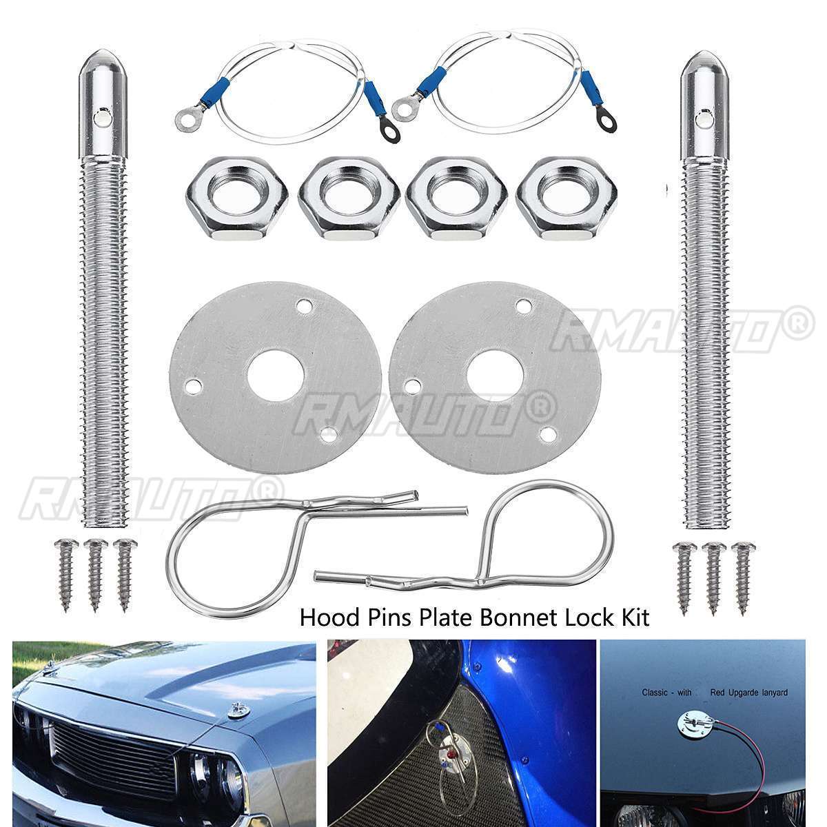 2/4sets Universal Racing Style Stainless Steel Mount Hood Pin Plate Bonnet Lock Kit Car Hood Engine Bonnets Lock