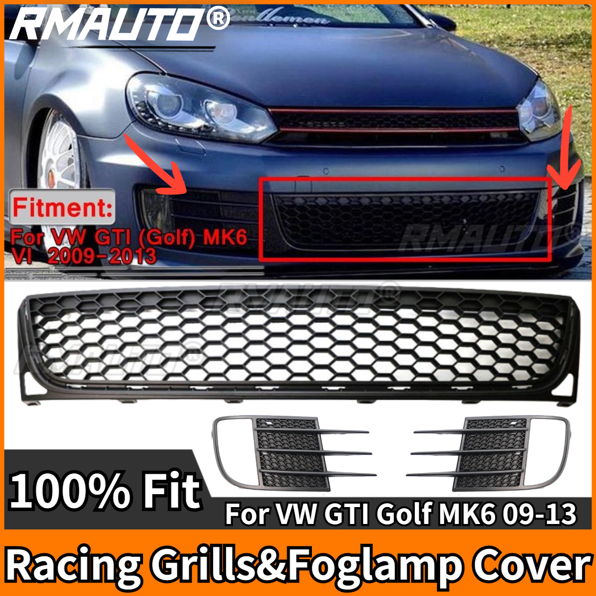 RMAUTO Matte Black Car Front Bumper Grill Fog Lamp Cover Honeycomb Racing Grills For VW GTI Golf MK6 2009-2013 Body Styling Kit