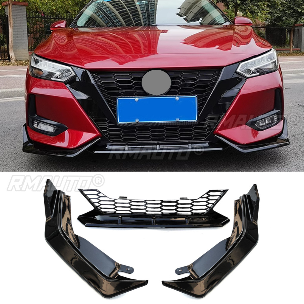 Front Bumper Lip Spoiler With Bottom Honeycomb Grill ABS Body Kit Front Skirt Exterior Parts For Nissan Sentra Sylphy 2020-2022