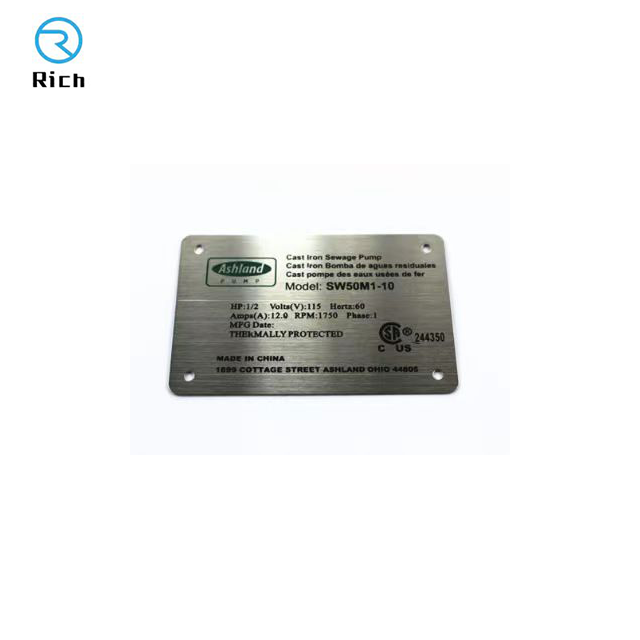 Dong guan Rich OEM  Aluminum Metal Plaques Etched Nameplate Stainless Steel Engraved Logo Name Plates