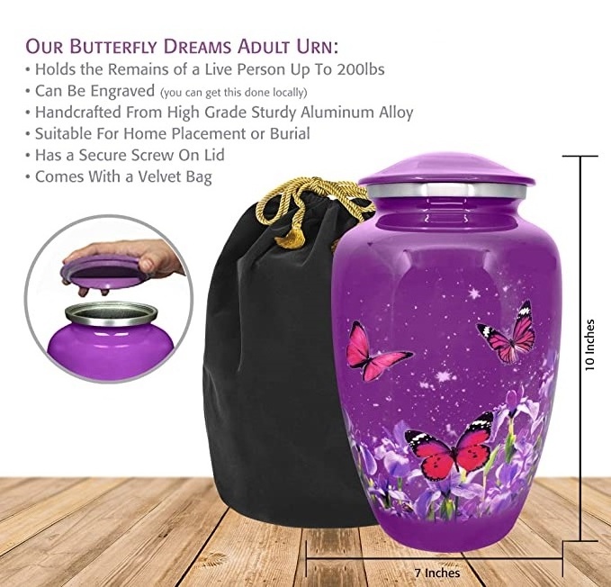 Luxury Purple Urn with Butterfly Finish Handmade High Quality Urns for Human Ashes Adult upto 200 LBS Burial Funeral Wholesale