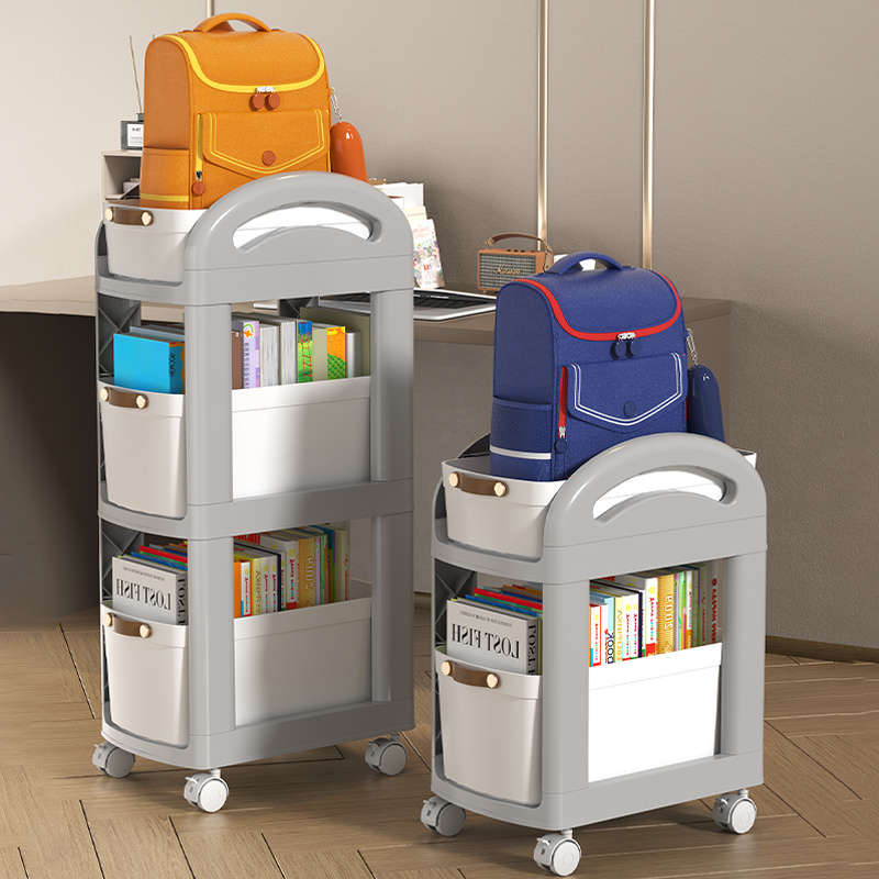 rmier Plastic backpack storage rack movable bedroom storage cabinet under table backpack small cart bookshelf