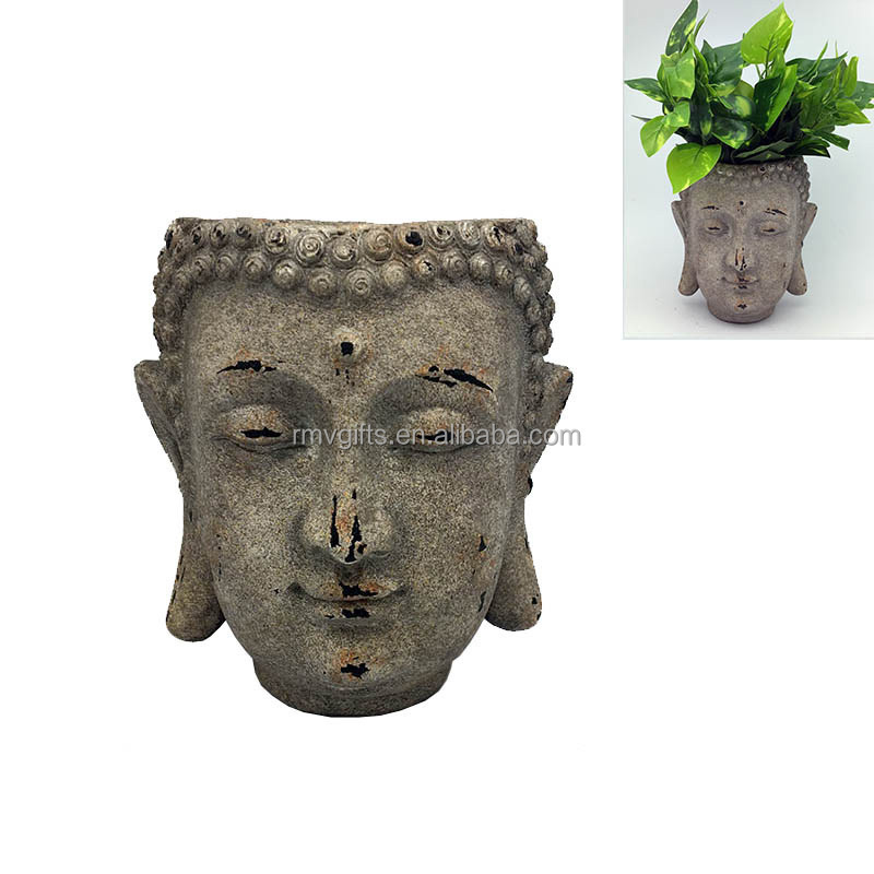 Religious Zen Garden Planters Distressed Color Hand Carved Resin Buddha Head Flower Pots Outdoor