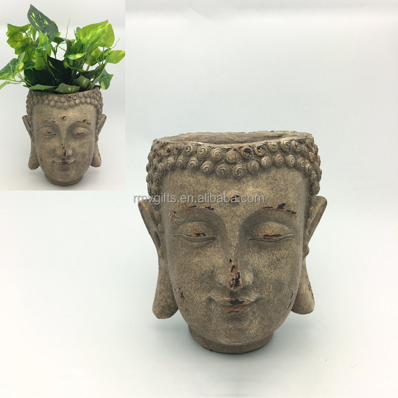 Religious Zen Garden Planters Distressed Color Hand Carved Resin Buddha Head Flower Pots Outdoor