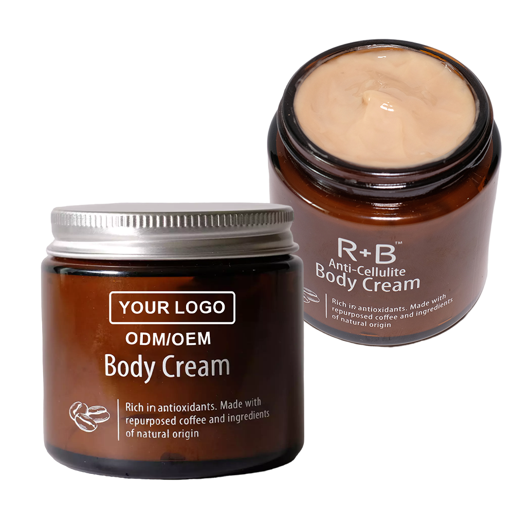 Natural coffee skincare face body cream scrub gel featuring a custom logo and a nourishing blend of ingredients for radiant skin