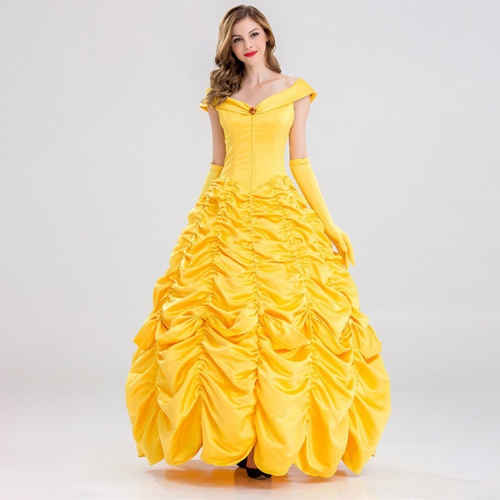 Halloween Women Beauty and Beast Belle Princess Yellow Belle Princess Dress Cosplay Costume