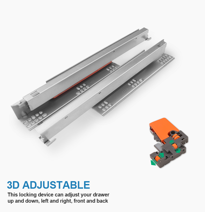 ROEASY drawer guides channel 3D Adjustable  Soft Closing Undermount Heavy Duty Full Extension Metal Rail Drawer Slide