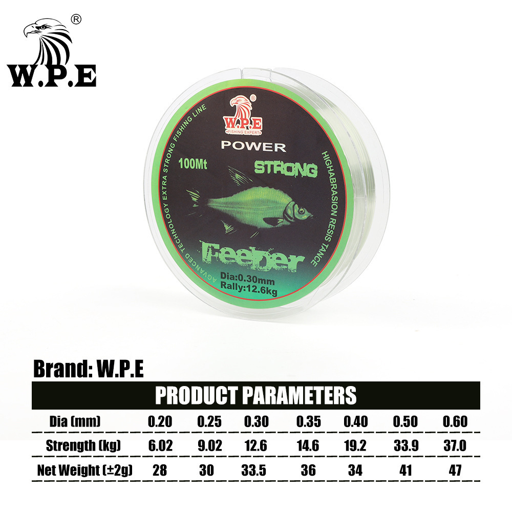 W.P.E FeeDer 100m Nylon Fishing Line Strong 0.20mm-0.60mm Monofilament Nylon Line 6.02KG-37KG Carp Fishing Wire