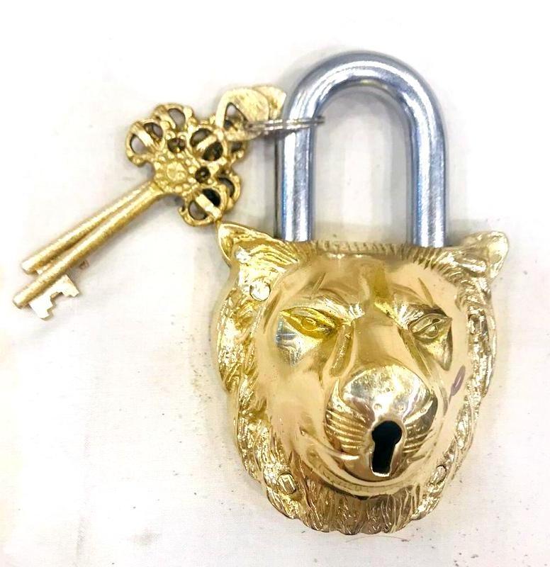 Handicraft Brass Padlock - Lock with Keys - Working Functional - Brass Made - Type : (Lion - Brass Finish) with Two Keys