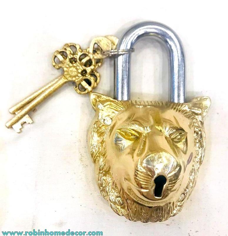 Handicraft Brass Padlock - Lock with Keys - Working Functional - Brass Made - Type : (Lion - Brass Finish) with Two Keys