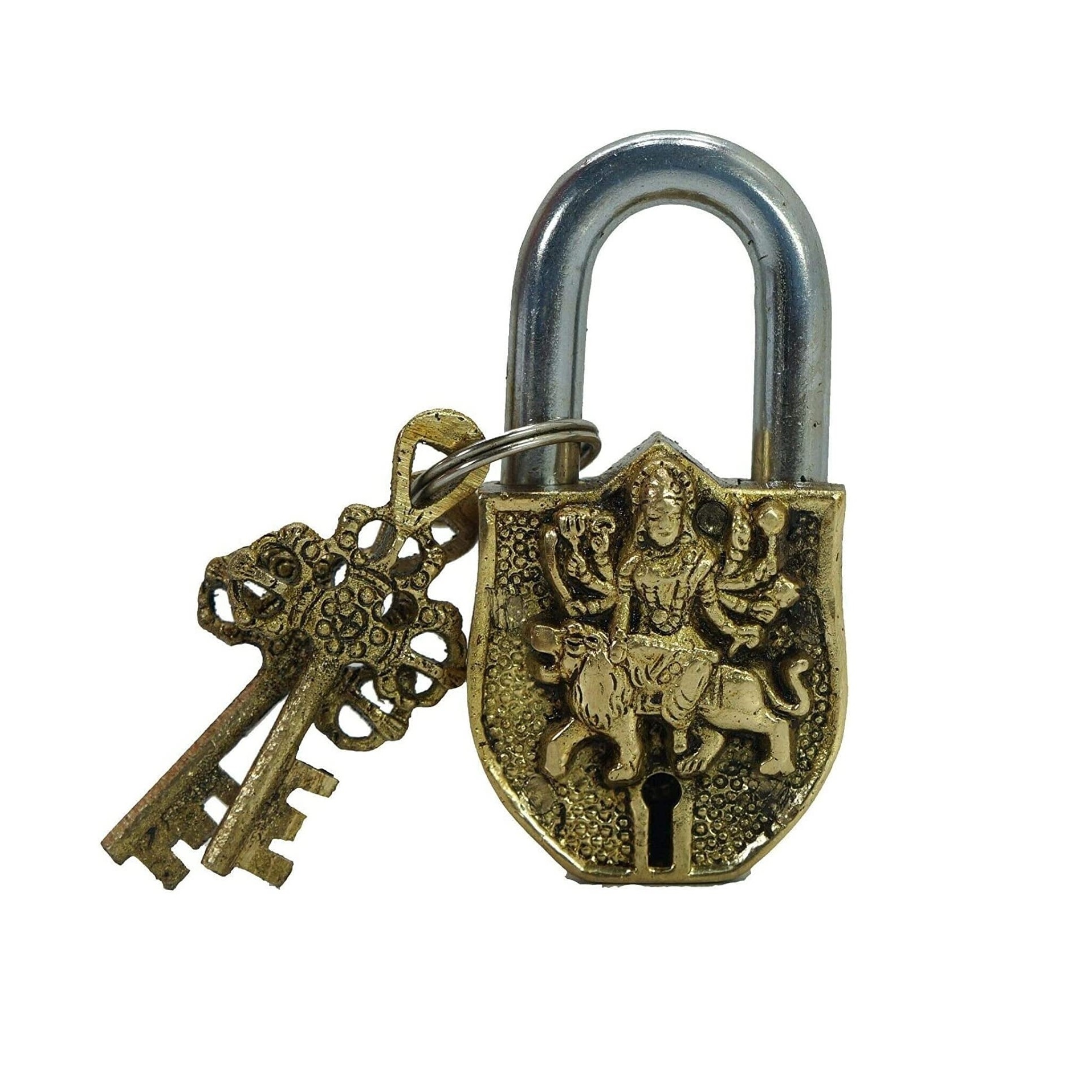 Wholesale Price Antique Finishing Brass Padlock with  Sherawali Maa Design for Door Lock from Indian Manufacturer