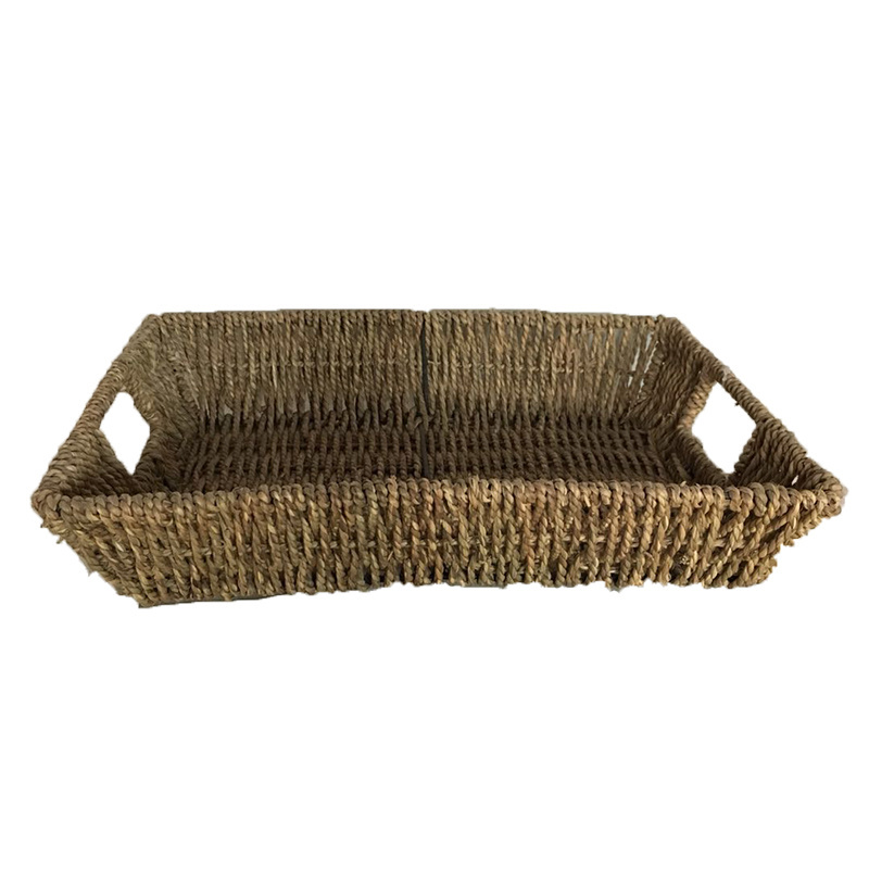 Seagrass Straw Woven Storage Rectangle Basket Inset Handle Tray For Bread Fruit Sundries