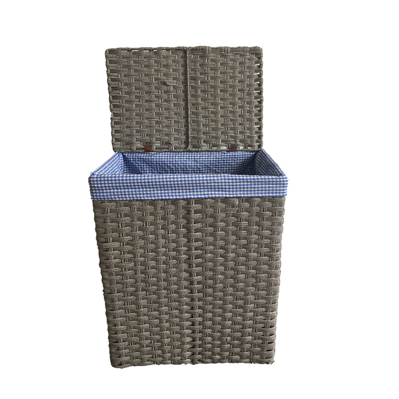 Woven Plastic Rope Storage Bins Box Laundry Basket With Liner Lid For Clothes Container Closet