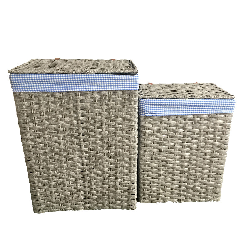 Woven Plastic Rope Storage Bins Box Laundry Basket With Liner Lid For Clothes Container Closet