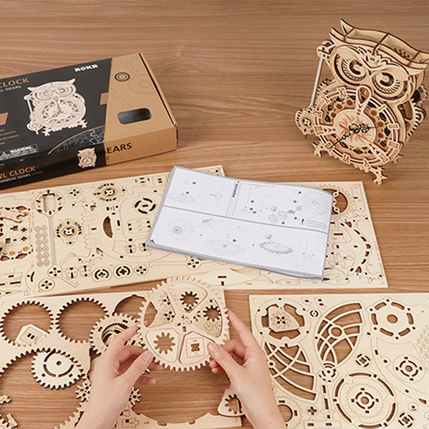 CPC Certificated Robotime Rokr Wood Craft LK503 Owl Clock Jigsaw Wooden 3D Diy Handmade Assembled Wooden Jigsaw Puzzle