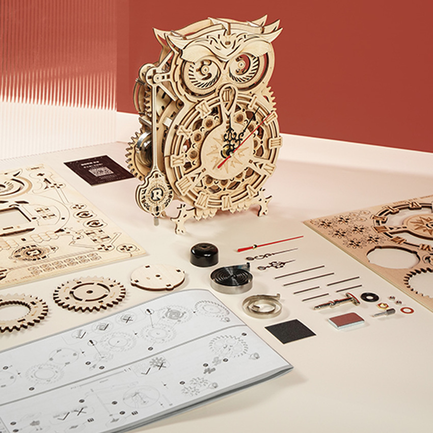 CPC Certificated Robotime Rokr Wood Craft LK503 Owl Clock Jigsaw Wooden 3D Diy Handmade Assembled Wooden Jigsaw Puzzle