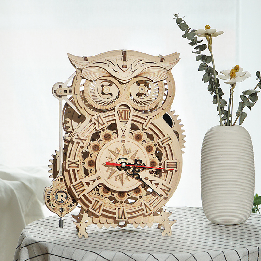 CPC Certificated Robotime Rokr Educational Toys LK503 Handmade Assembled Owl Clock 3D DIY Wooden Puzzles Wood Crafts