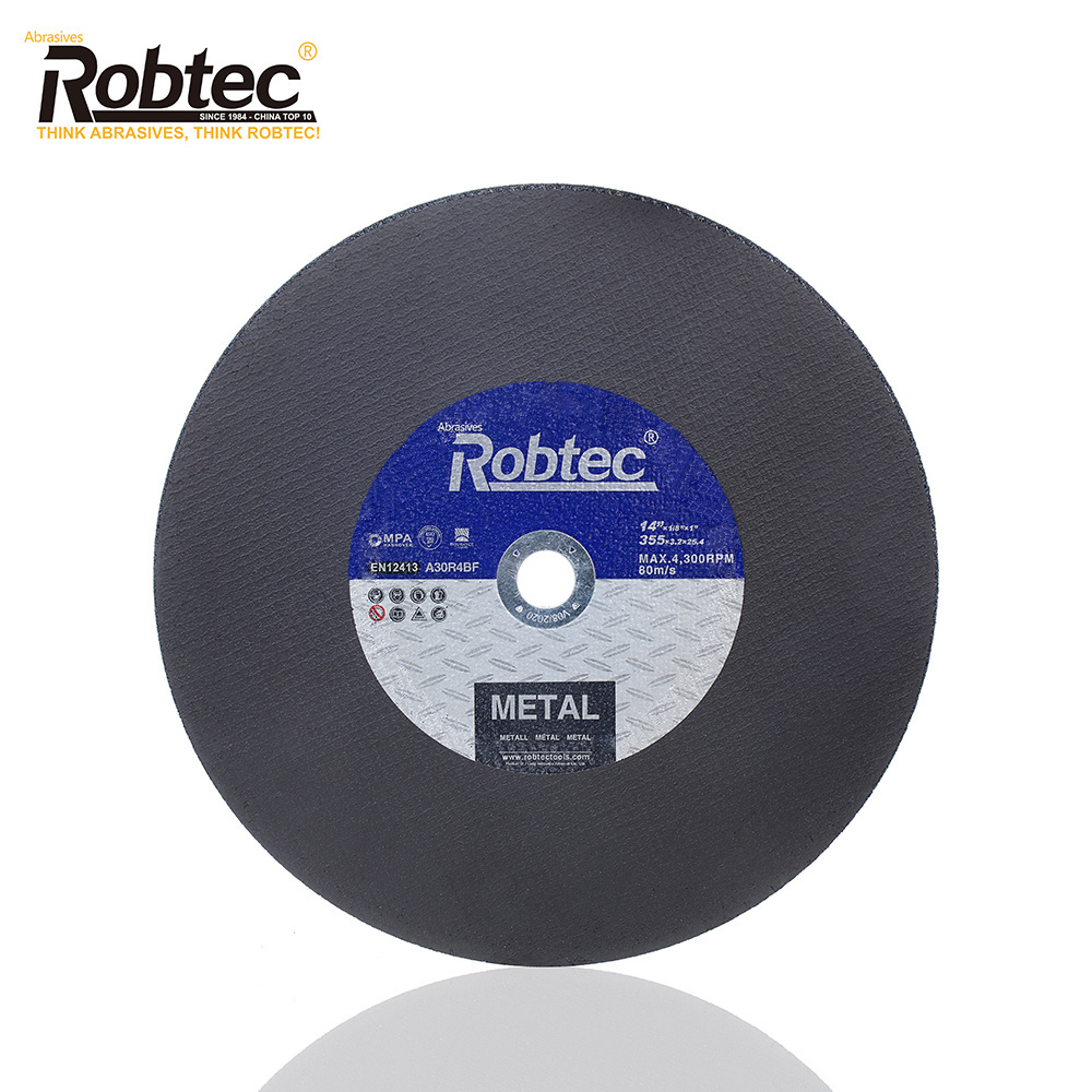 Robtec T41 14 inch 355 X 3.2 X 25.4 mm Resin Bonded Abrasive Wheel for Metal Cutting both sides with black paper