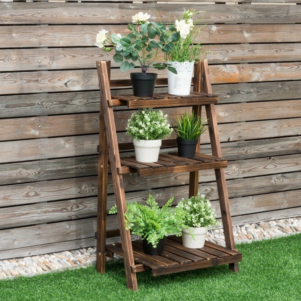 3 Tier Folding Wood Flower Pot Shelf Stand Wooden Display Rack Indoor Outdoor Garden