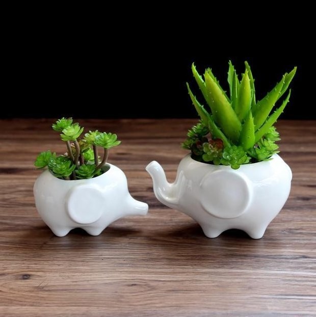 Indoor decor ceramic Elephant flower pots small white animal bonsai