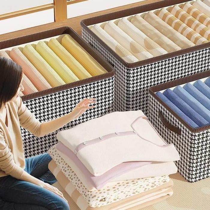 Large Capacity Houndstooth Square Fabric Foldable Storage Box for Underwear Clothes and Pants Storage in Household