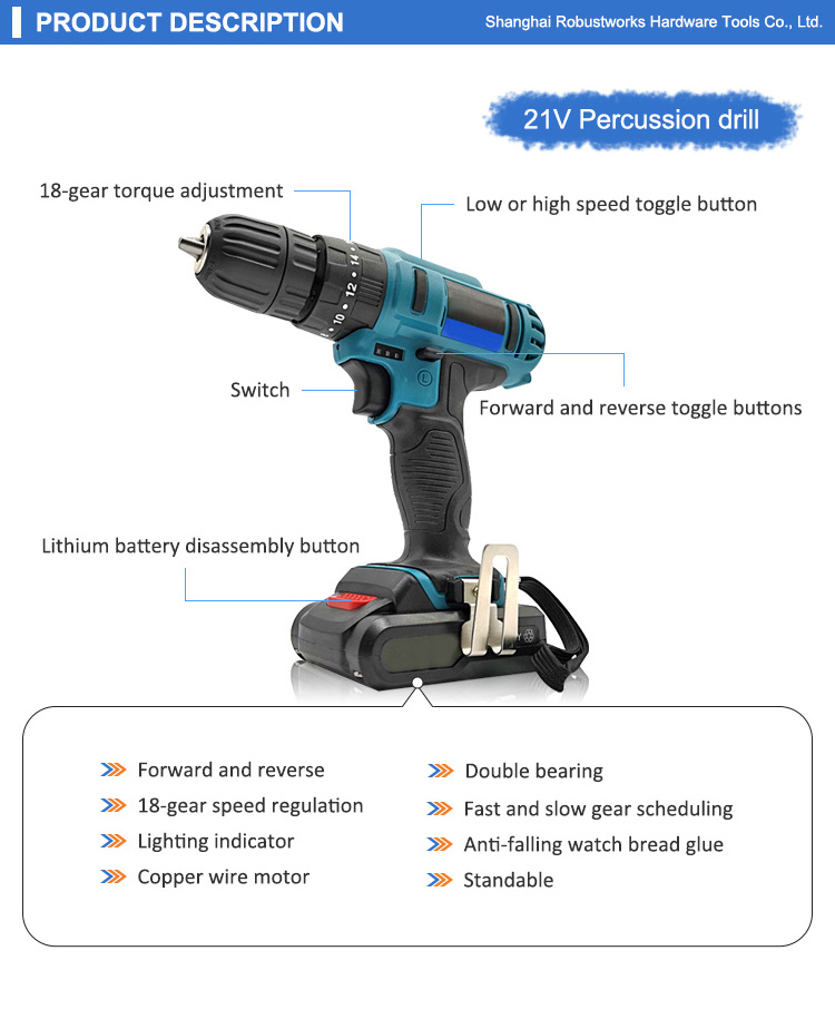 New Style Variable Speed Brush Motor 21v Battery Power Drill Machine Power Drill Tools Cordless Drill Odm Milwaukee Tools 10mm