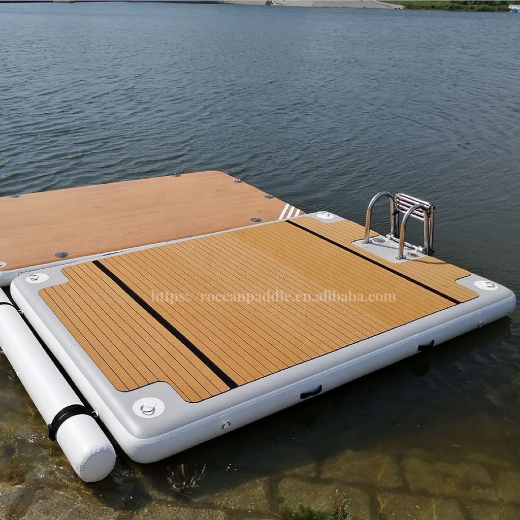 4 Meters 3 Meters Wood Teak Color Floor Deck Inflatable Floating Fishing Swim Platform Water Mat