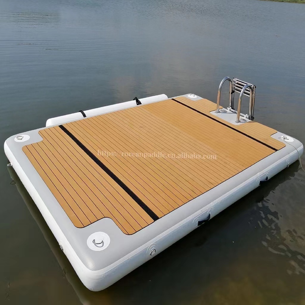 4 Meters 3 Meters Wood Teak Color Floor Deck Inflatable Floating Fishing Swim Platform Water Mat