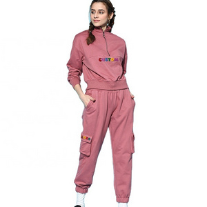 Wholesale Sweatsuit For Autumn Half Zipper Sweatshirt And Cargo Pants Custom Cotton Women Tracksuit