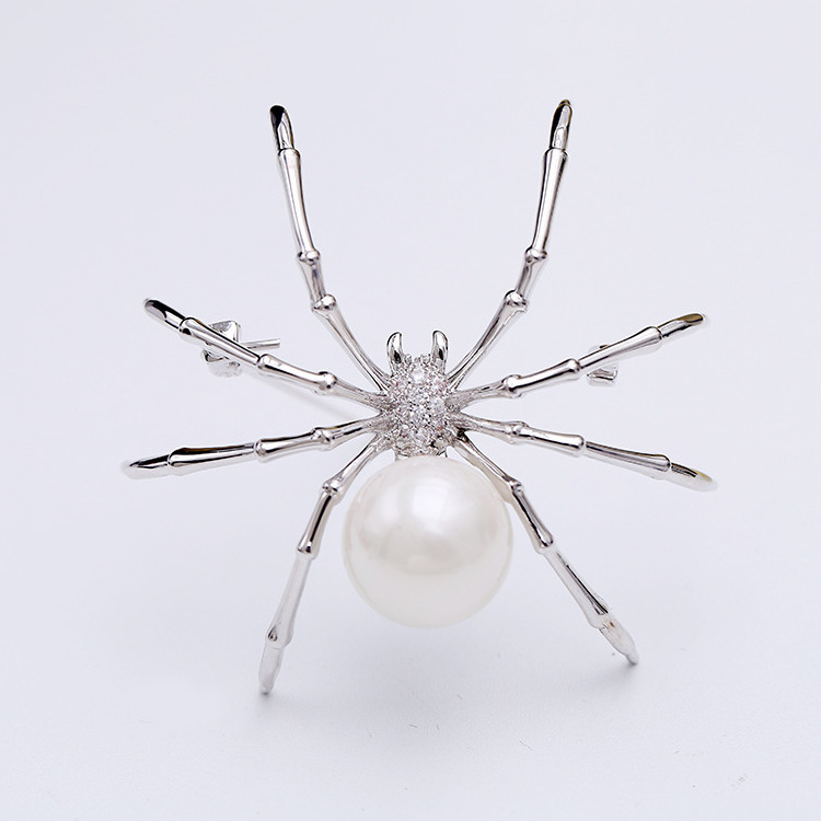 Roche OEM Broche Silver Plated Metal Spider Pearl Brooch Pins