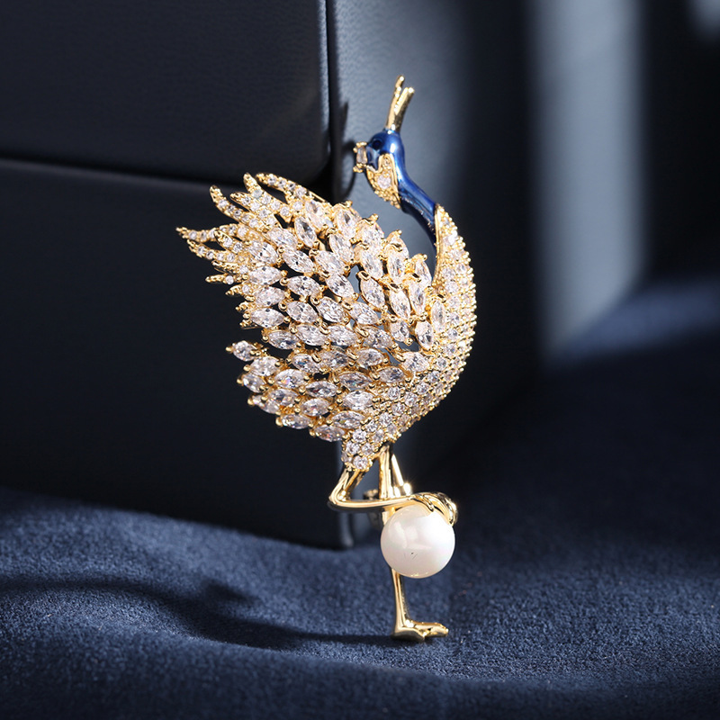 Roche OEM Broche Luxury Zircon Pearl Flamingo Brooch