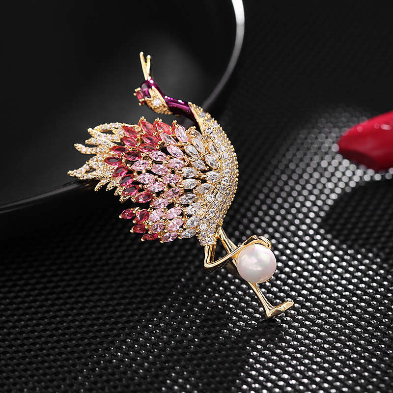 Roche OEM Broche Luxury Zircon Pearl Flamingo Brooch