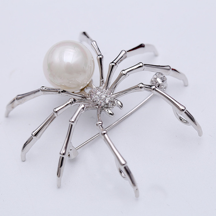 Roche OEM Broche Silver Plated Metal Spider Pearl Brooch Pins