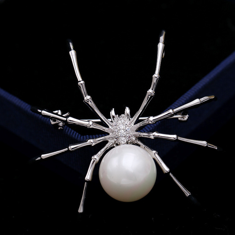 Roche OEM Broche Silver Plated Metal Spider Pearl Brooch Pins