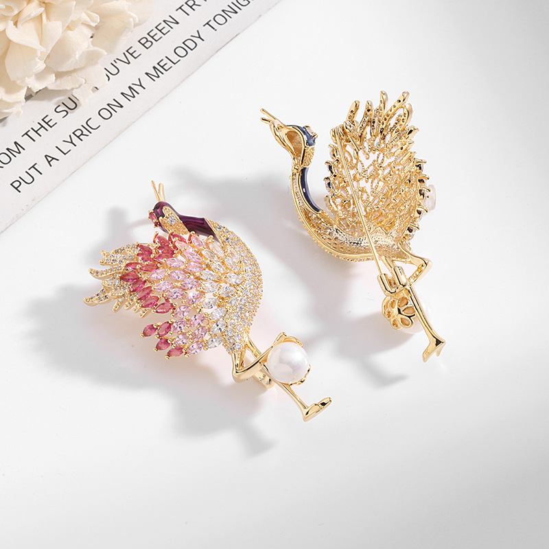 Roche OEM Broche Luxury Zircon Pearl Flamingo Brooch