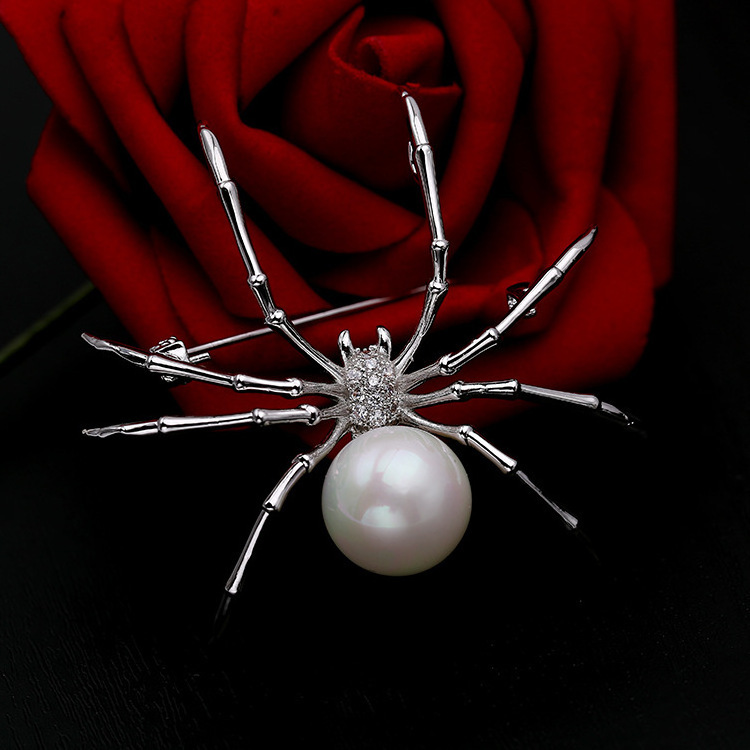 Roche OEM Broche Silver Plated Metal Spider Pearl Brooch Pins