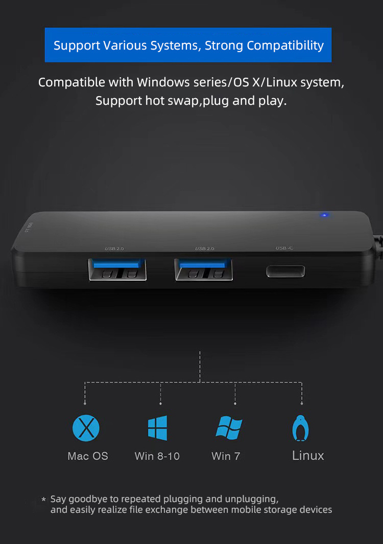 USB HUB 2 .0 Splitter 480Mbps Data Transmission 4 Port USB 2 .0 Type-C USB Hub Adapter