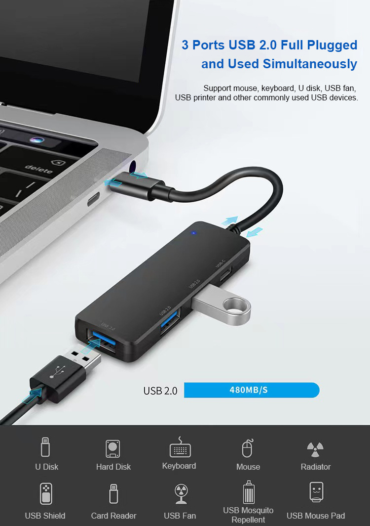 USB HUB 2 .0 Splitter 480Mbps Data Transmission 4 Port USB 2 .0 Type-C USB Hub Adapter